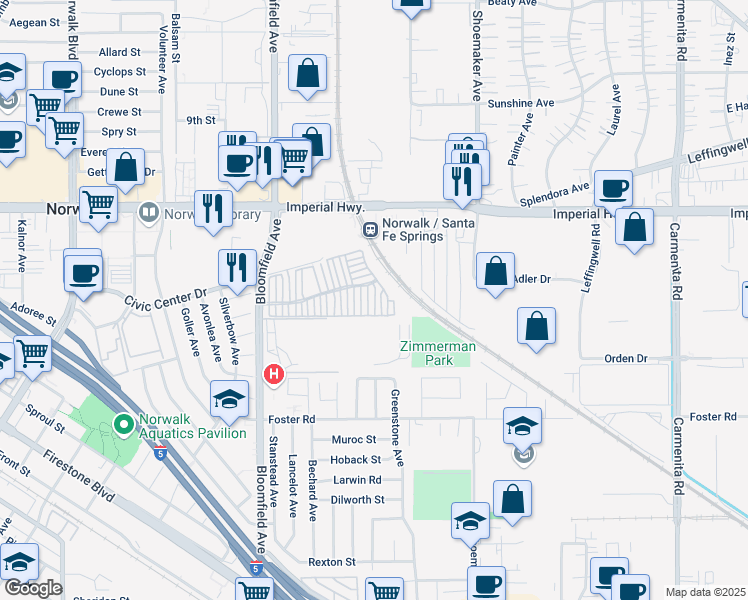 map of restaurants, bars, coffee shops, grocery stores, and more near 12909 Lariat Lane in Norwalk