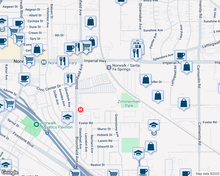 map of restaurants, bars, coffee shops, grocery stores, and more near 12931 Navajo Lane in Norwalk