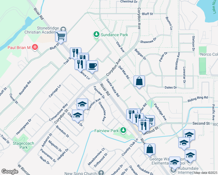 map of restaurants, bars, coffee shops, grocery stores, and more near 2344 Santa Anita Road in Norco