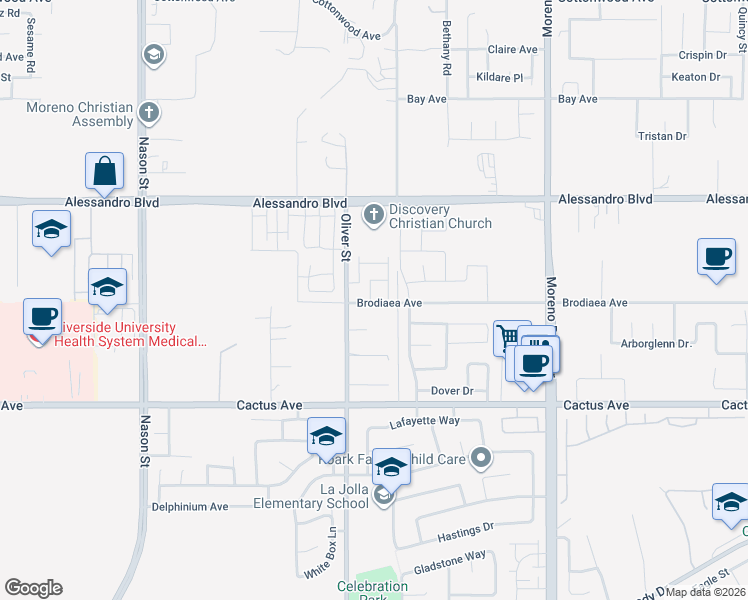 map of restaurants, bars, coffee shops, grocery stores, and more near 14270 Oliver Street in Moreno Valley