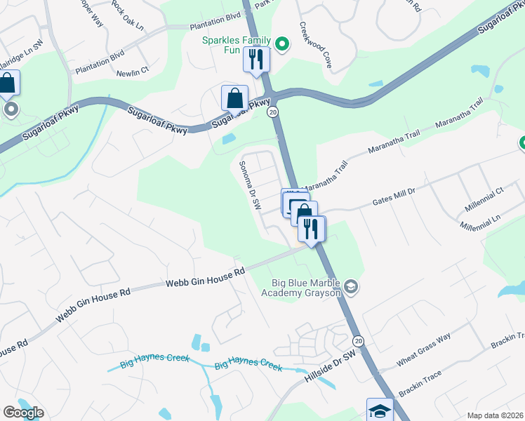 map of restaurants, bars, coffee shops, grocery stores, and more near 652 Sonoma Drive Southwest in Lawrenceville