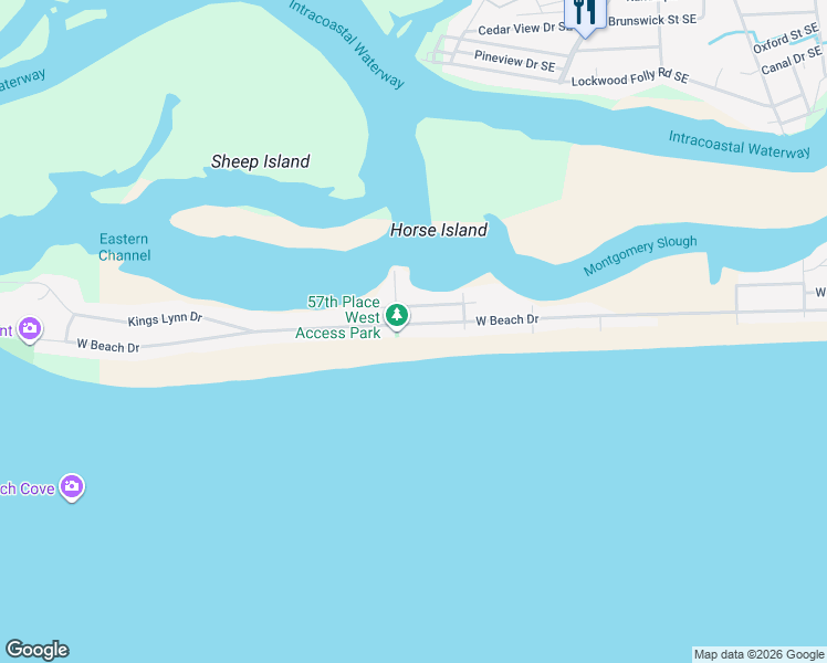 map of restaurants, bars, coffee shops, grocery stores, and more near 5423 West Beach Drive in Oak Island
