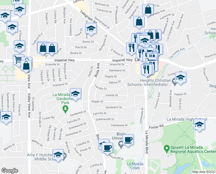 map of restaurants, bars, coffee shops, grocery stores, and more near 14775 Tacuba Drive in La Mirada