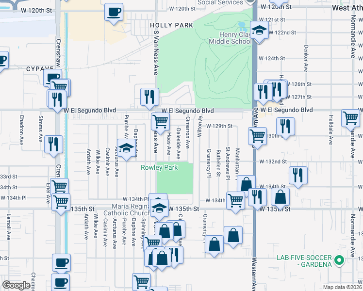 map of restaurants, bars, coffee shops, grocery stores, and more near 13024 Daleside Avenue in Gardena