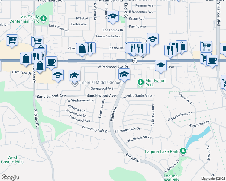 map of restaurants, bars, coffee shops, grocery stores, and more near 220 Gwynwood Avenue in La Habra