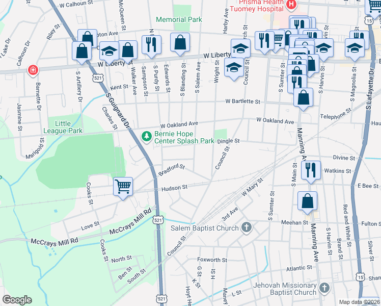map of restaurants, bars, coffee shops, grocery stores, and more near 13 Jenkins Street in Sumter