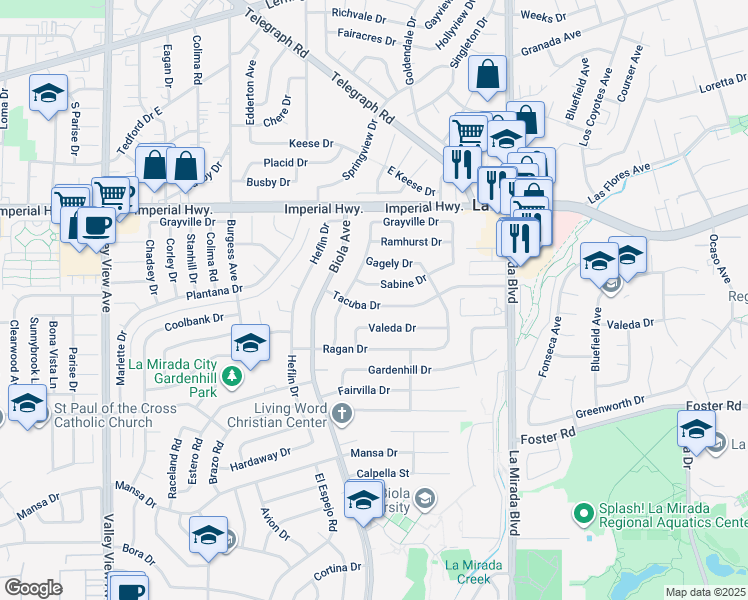 map of restaurants, bars, coffee shops, grocery stores, and more near 14769 Tacuba Drive in La Mirada