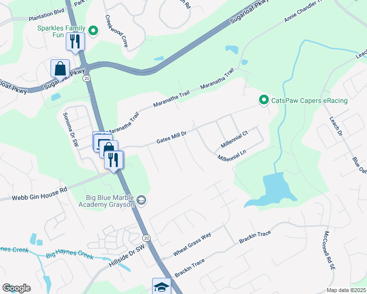 map of restaurants, bars, coffee shops, grocery stores, and more near 1391 Sutters Drive in Lawrenceville