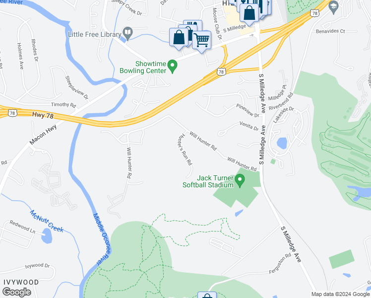 map of restaurants, bars, coffee shops, grocery stores, and more near 109 Hunter's Run Road in Athens