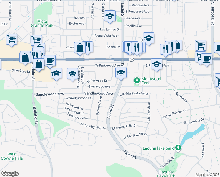 map of restaurants, bars, coffee shops, grocery stores, and more near 220 Gwynwood Avenue in La Habra