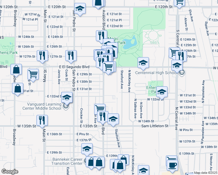 map of restaurants, bars, coffee shops, grocery stores, and more near 13110 Avalon Blvd in Los Angeles