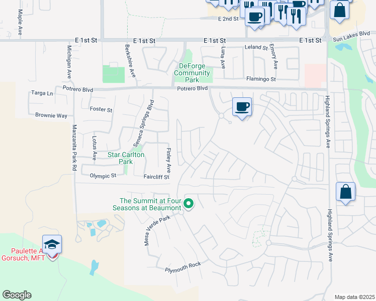 map of restaurants, bars, coffee shops, grocery stores, and more near 273 Box Springs Trail in Beaumont
