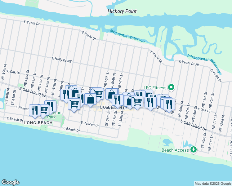 map of restaurants, bars, coffee shops, grocery stores, and more near 108 Northeast 57th Street in Oak Island