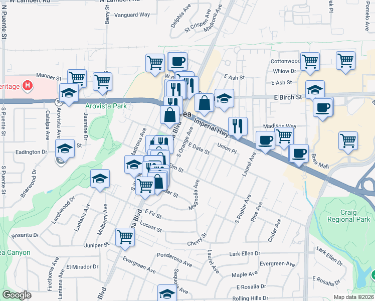 map of restaurants, bars, coffee shops, grocery stores, and more near 410 South Orange Avenue in Brea