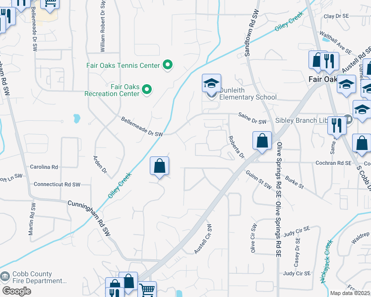 map of restaurants, bars, coffee shops, grocery stores, and more near 1595 Oakpoint Drive Southwest in Marietta