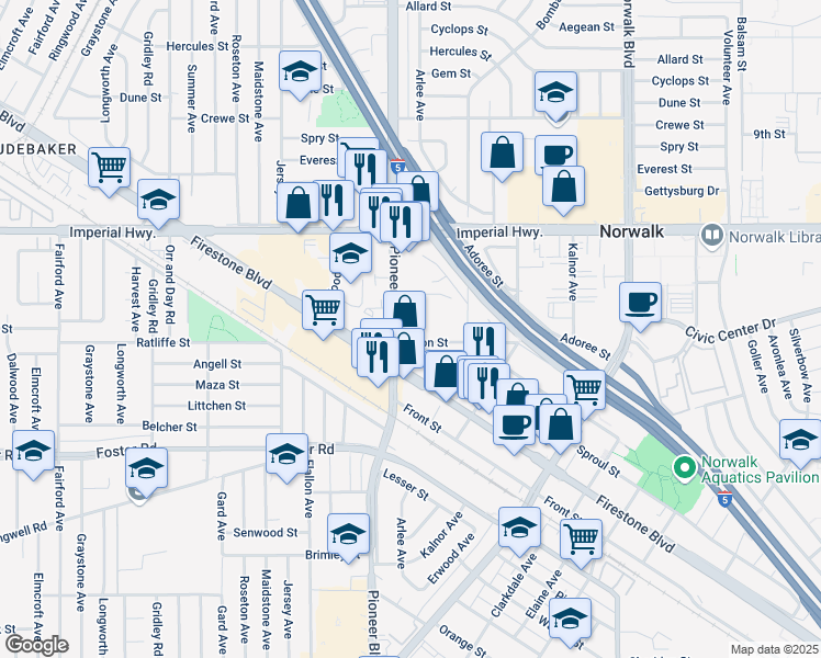 map of restaurants, bars, coffee shops, grocery stores, and more near 12820 Pioneer Boulevard in Norwalk