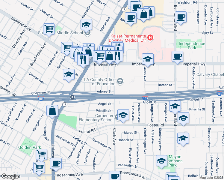 map of restaurants, bars, coffee shops, grocery stores, and more near 9181 Columbia Way in Downey
