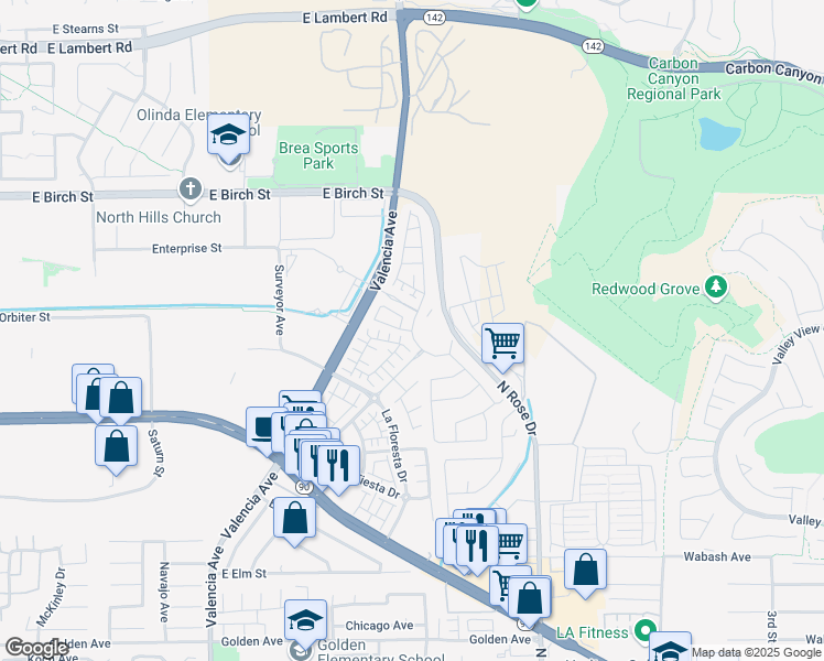 map of restaurants, bars, coffee shops, grocery stores, and more near 3480 Villa Drive in Brea