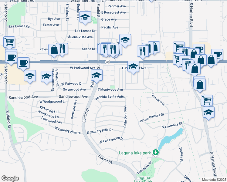 map of restaurants, bars, coffee shops, grocery stores, and more near 261 Avenida Santa Anita in La Habra