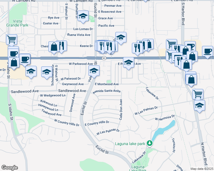 map of restaurants, bars, coffee shops, grocery stores, and more near 171 Avenida Santa Anita in La Habra
