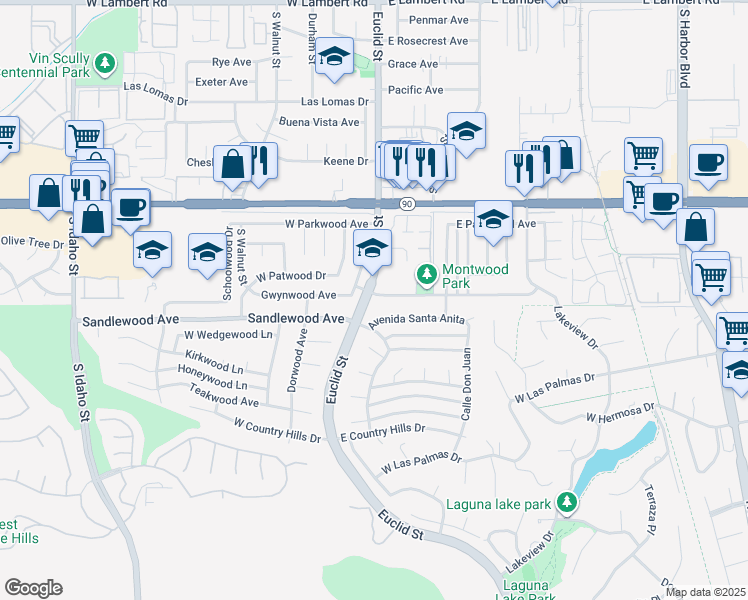 map of restaurants, bars, coffee shops, grocery stores, and more near 111 Avenida Santa Anita in La Habra