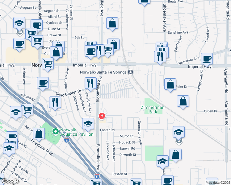 map of restaurants, bars, coffee shops, grocery stores, and more near 12919 Hickock Lane in Norwalk