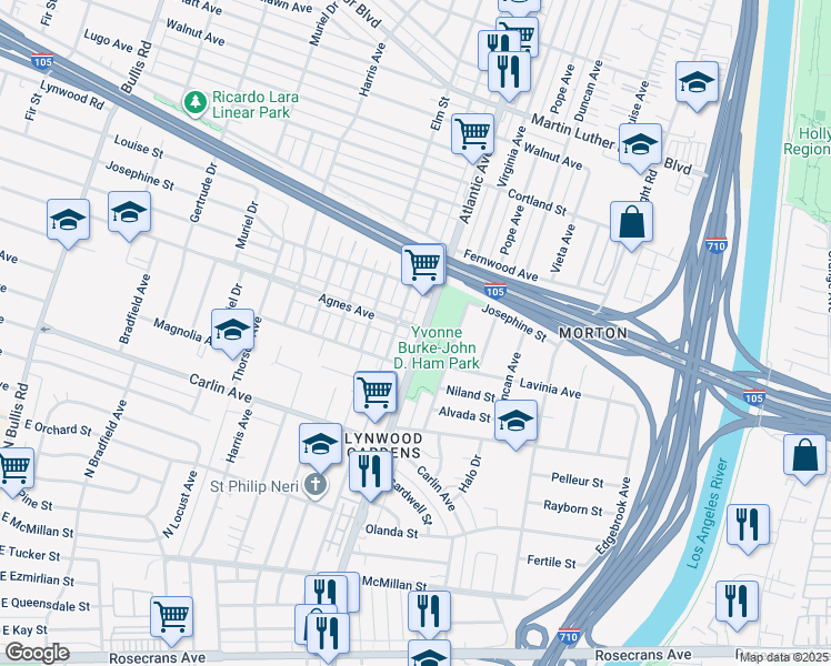 map of restaurants, bars, coffee shops, grocery stores, and more near 12017 Atlantic Avenue in Lynwood