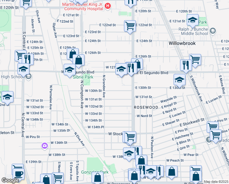 map of restaurants, bars, coffee shops, grocery stores, and more near 921 West 131st Street in Compton