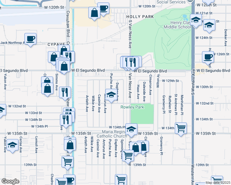 map of restaurants, bars, coffee shops, grocery stores, and more near 13103 Daphne Avenue in Gardena