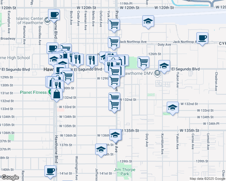 map of restaurants, bars, coffee shops, grocery stores, and more near 13108 Prairie Avenue in Hawthorne