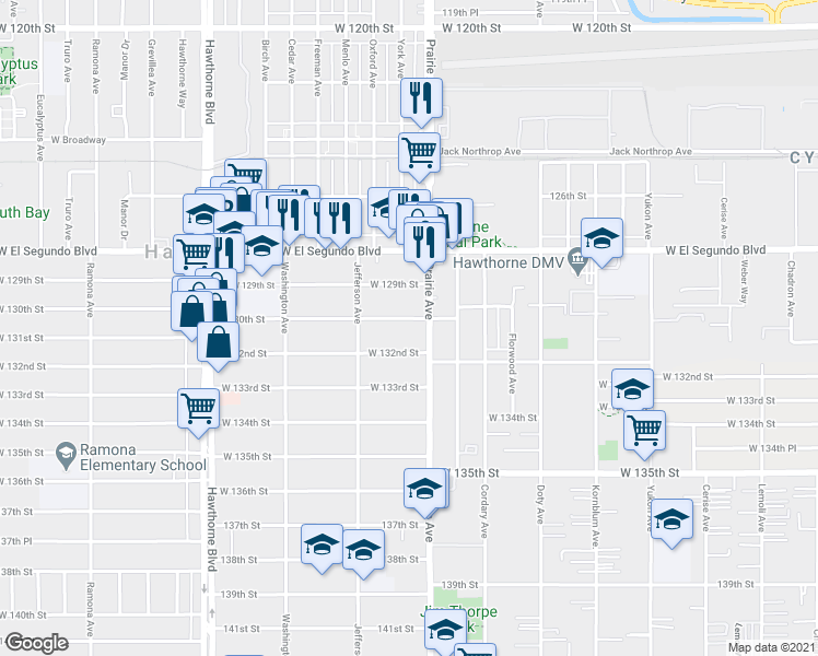 map of restaurants, bars, coffee shops, grocery stores, and more near 13108 Prairie Avenue in Hawthorne