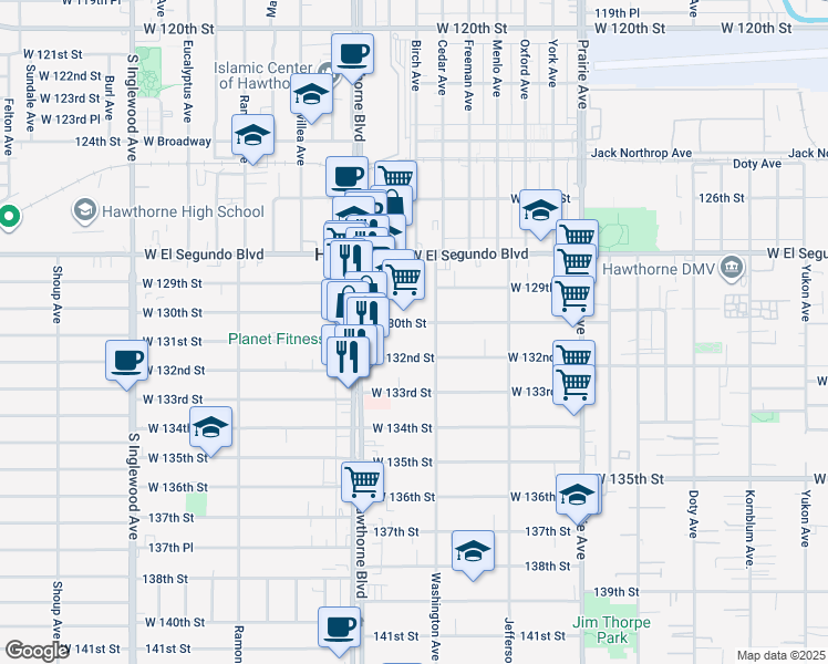 map of restaurants, bars, coffee shops, grocery stores, and more near 4319 West 132nd Street in Hawthorne