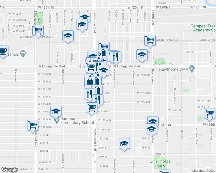 map of restaurants, bars, coffee shops, grocery stores, and more near 4319 West 132nd Street in Hawthorne