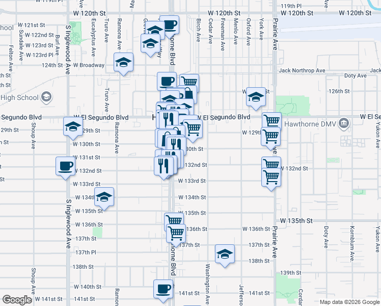 map of restaurants, bars, coffee shops, grocery stores, and more near 4362 West 130th Street in Hawthorne