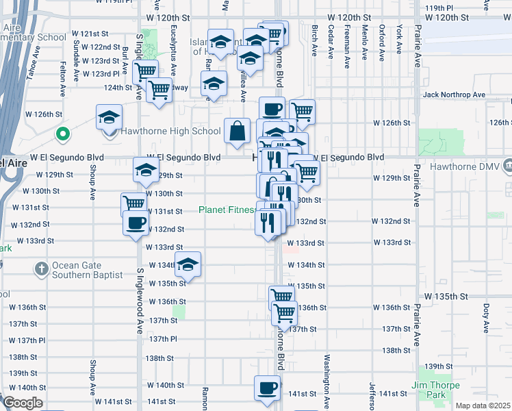 map of restaurants, bars, coffee shops, grocery stores, and more near 4474 West 131st Street in Hawthorne