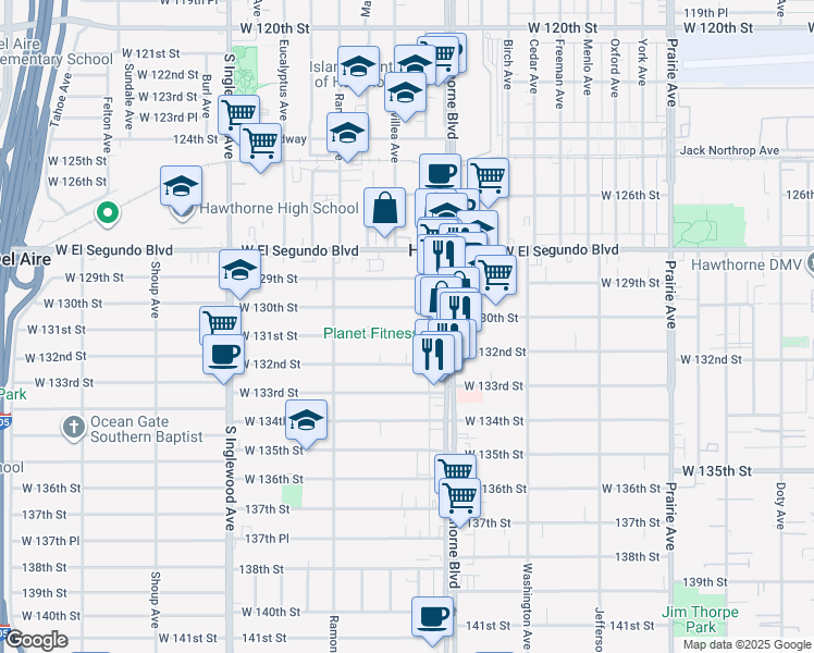 map of restaurants, bars, coffee shops, grocery stores, and more near 4474 West 131st Street in Hawthorne