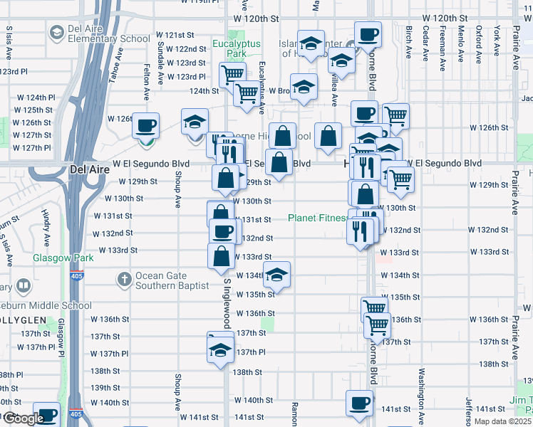 map of restaurants, bars, coffee shops, grocery stores, and more near 4688 West 131st Street in Hawthorne