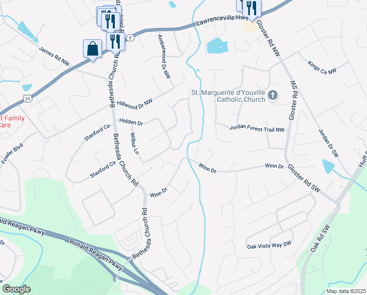 map of restaurants, bars, coffee shops, grocery stores, and more near 114 Jousters Lane Northwest in Lawrenceville