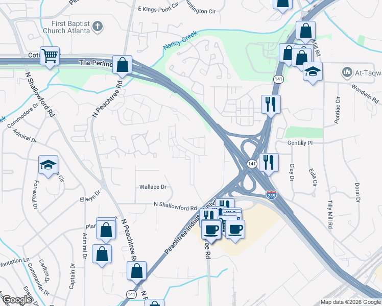 map of restaurants, bars, coffee shops, grocery stores, and more near 4107 Deacon Lane in Atlanta