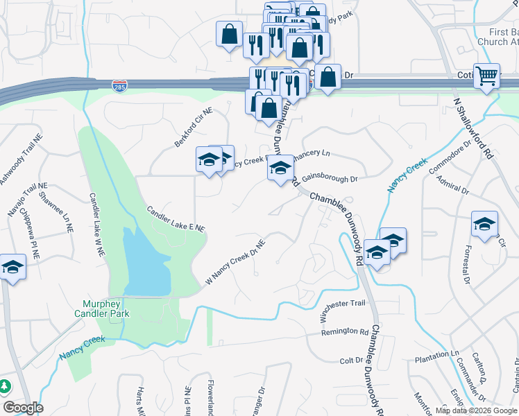 map of restaurants, bars, coffee shops, grocery stores, and more near 1701 Beverly Woods Court in Chamblee