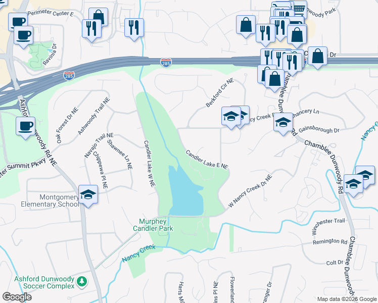 map of restaurants, bars, coffee shops, grocery stores, and more near 4392 Candler Lake East Northeast in Atlanta