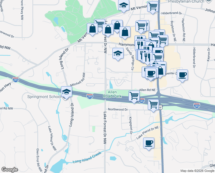 map of restaurants, bars, coffee shops, grocery stores, and more near 4001 Eamont Lane in Sandy Springs