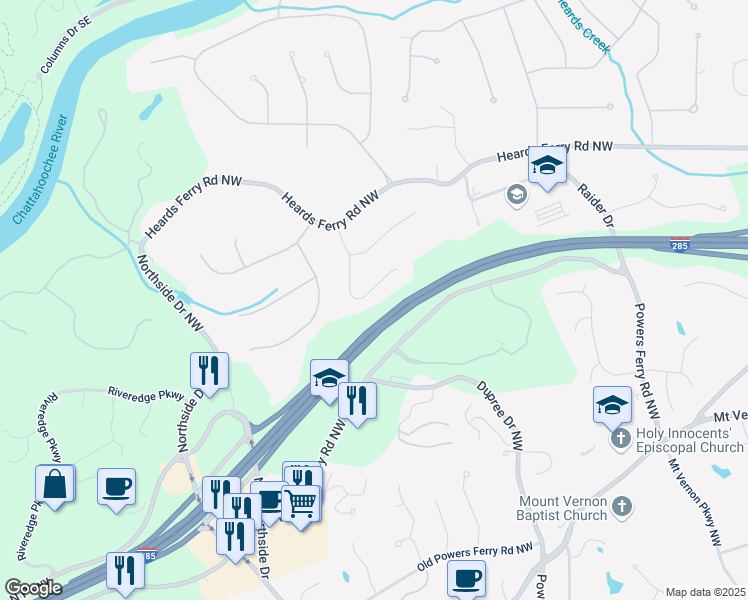 map of restaurants, bars, coffee shops, grocery stores, and more near 5780 Heards Forest Drive in Atlanta