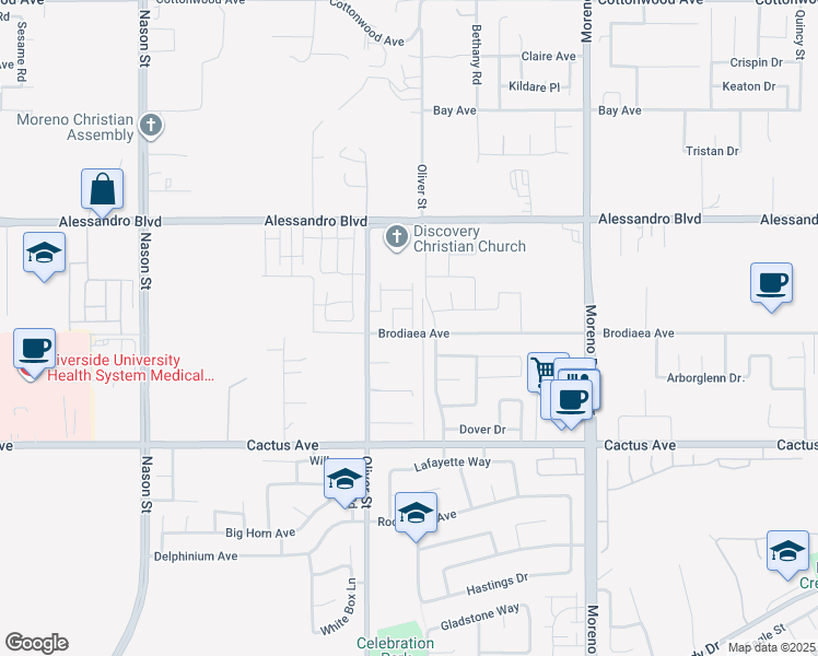 map of restaurants, bars, coffee shops, grocery stores, and more near Astra Street in Moreno Valley
