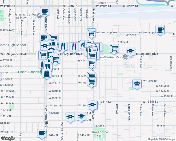 map of restaurants, bars, coffee shops, grocery stores, and more near 4034 West 130th Street in Hawthorne