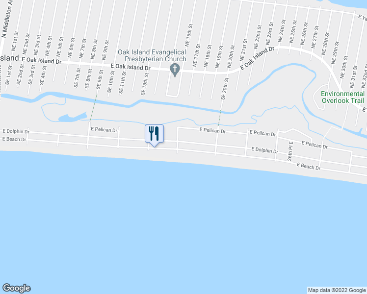 map of restaurants, bars, coffee shops, grocery stores, and more near 1606 East Beach Drive in Oak Island