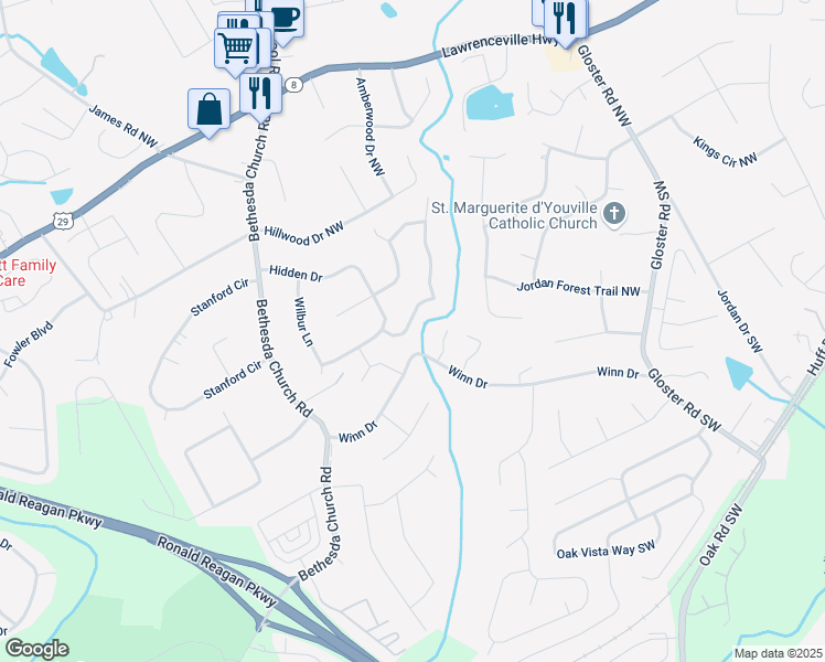 map of restaurants, bars, coffee shops, grocery stores, and more near 114 Jousters Lane Northwest in Lawrenceville