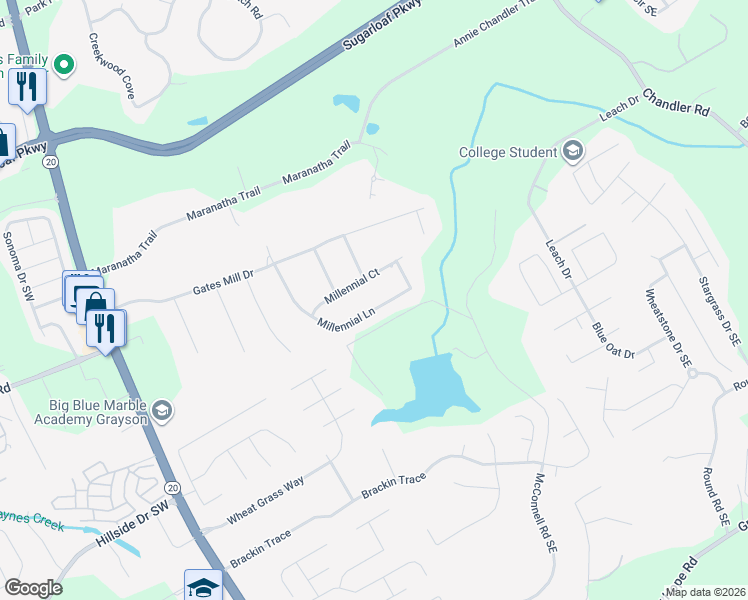 map of restaurants, bars, coffee shops, grocery stores, and more near 1555 Millennial Lane in Lawrenceville