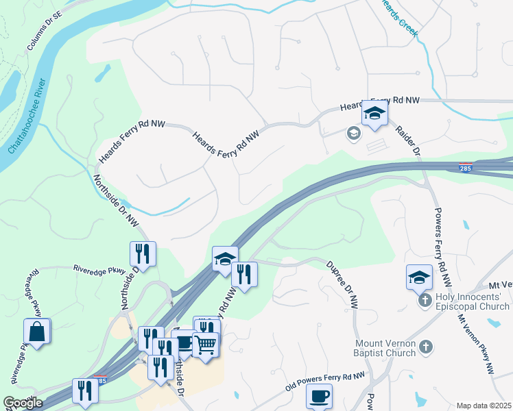 map of restaurants, bars, coffee shops, grocery stores, and more near 5780 Heards Forest Drive in Atlanta