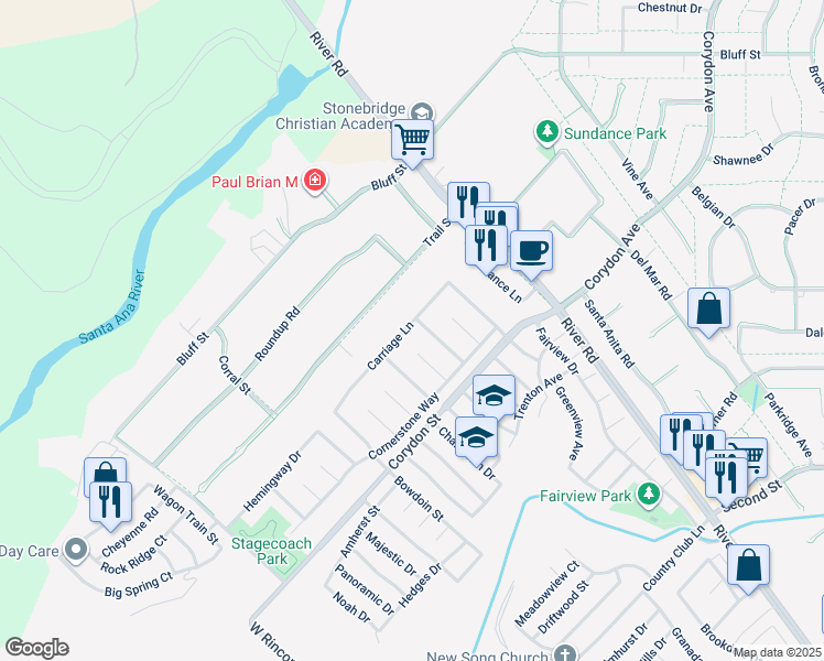 map of restaurants, bars, coffee shops, grocery stores, and more near 1281 Carriage Lane in Corona